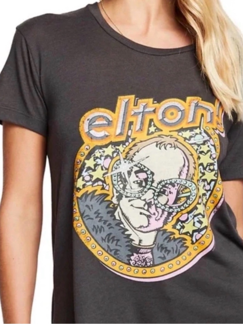 Chaser Dark Gray Elton Graphic Tee with Yellow and Pink Accents